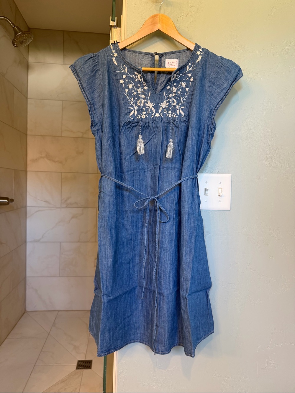 Isabel Maternity by Ingrid & Isabel Blue Embroidered Chambray Mini Dress - M